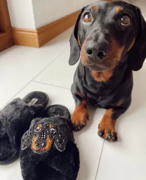 Little Sausage Dog Black Slippers
