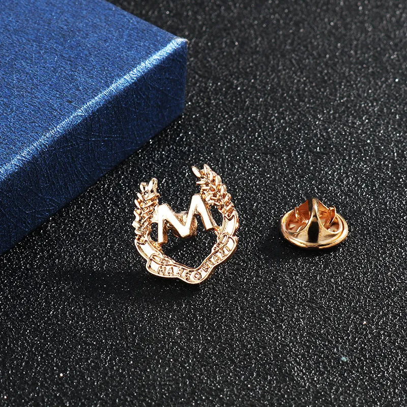 “M” Letter and Wheat Ear Simple Metal Brooch 6pcs