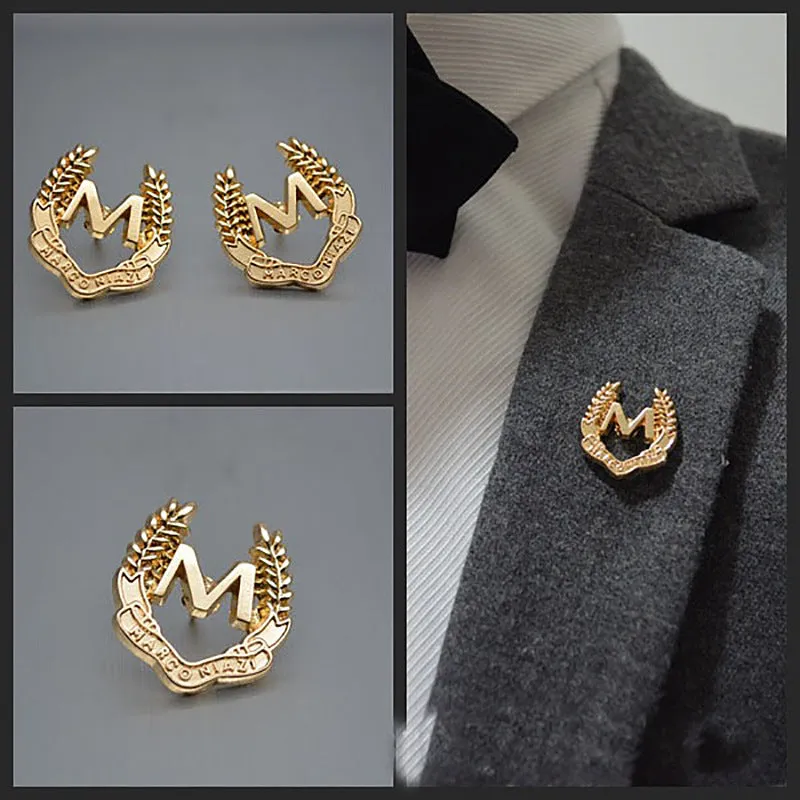 “M” Letter and Wheat Ear Simple Metal Brooch 6pcs
