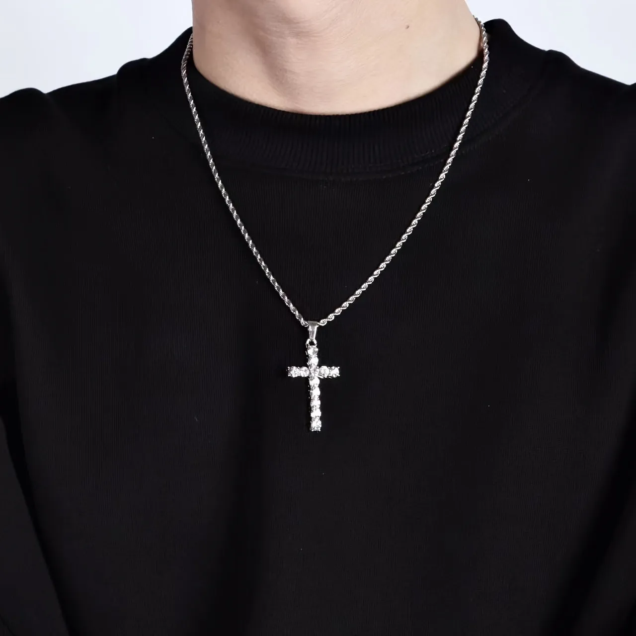 Men's Cross Pendant Necklace Rhinestone Twisted Chain