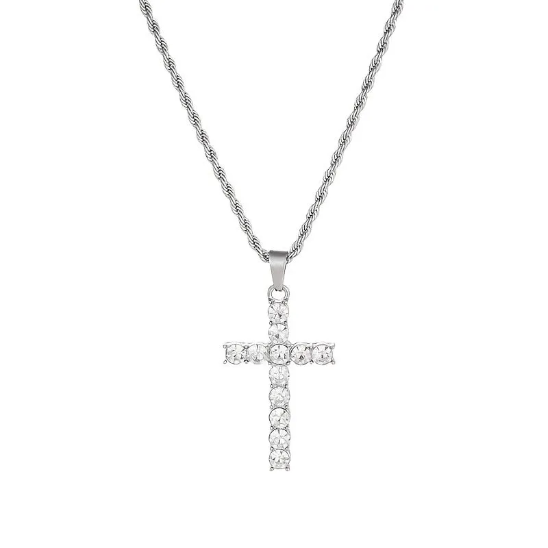 Men's Cross Pendant Necklace Rhinestone Twisted Chain