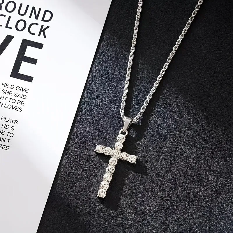 Men's Cross Pendant Necklace Rhinestone Twisted Chain