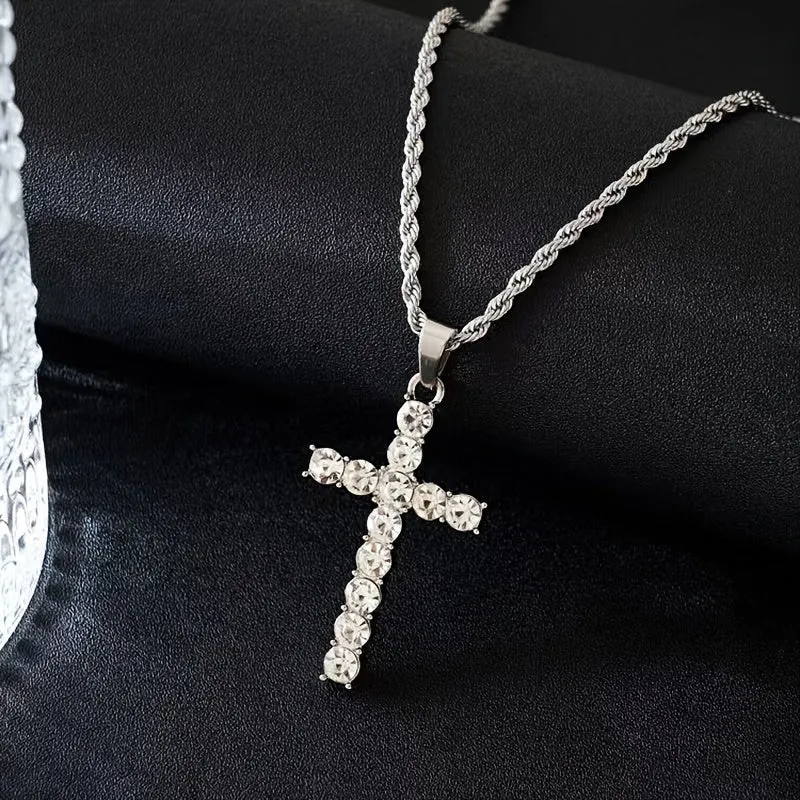 Men's Cross Pendant Necklace Rhinestone Twisted Chain