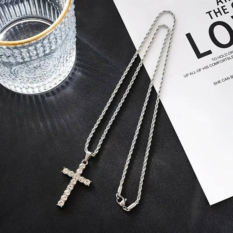 Men's Cross Pendant Necklace Rhinestone Twisted Chain