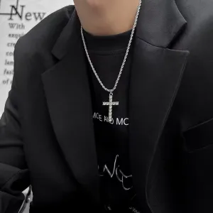 Men's Cross Pendant Necklace Rhinestone Twisted Chain