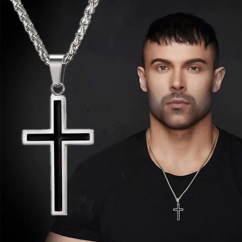Men's Golden Cross Necklace Silver Retro Pendant
