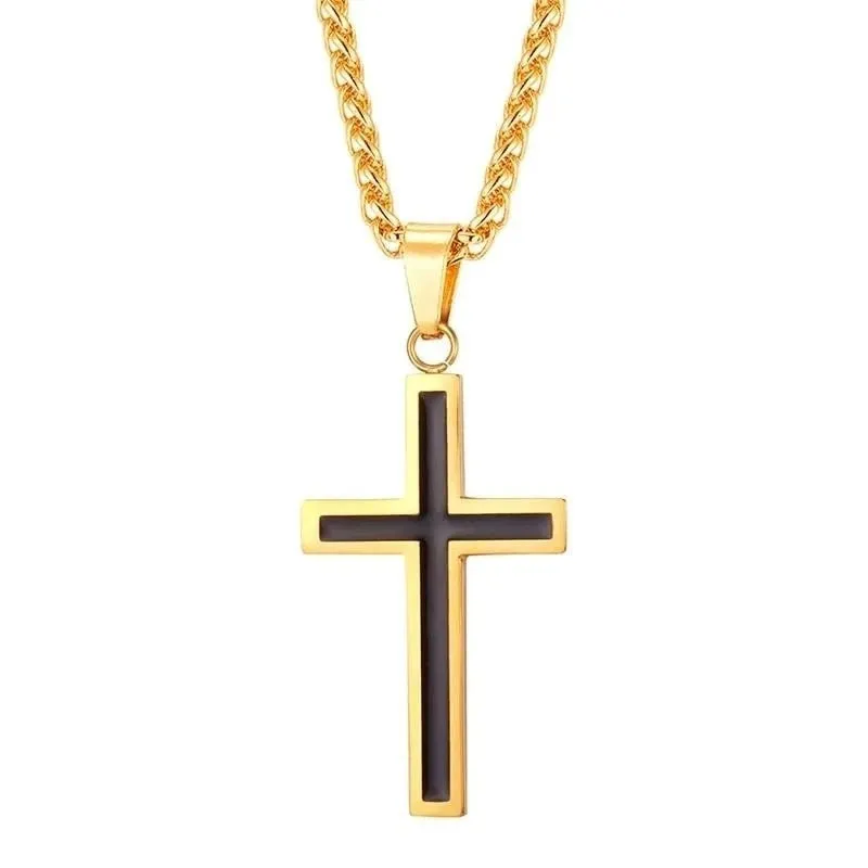 Men's Golden Cross Necklace Silver Retro Pendant