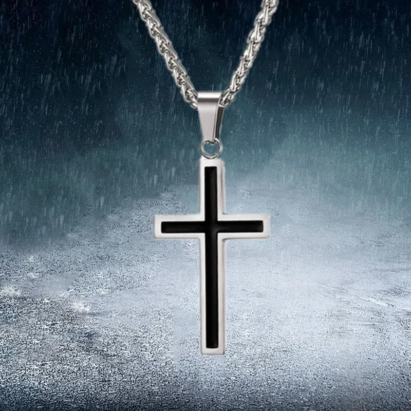 Men's Golden Cross Necklace Silver Retro Pendant