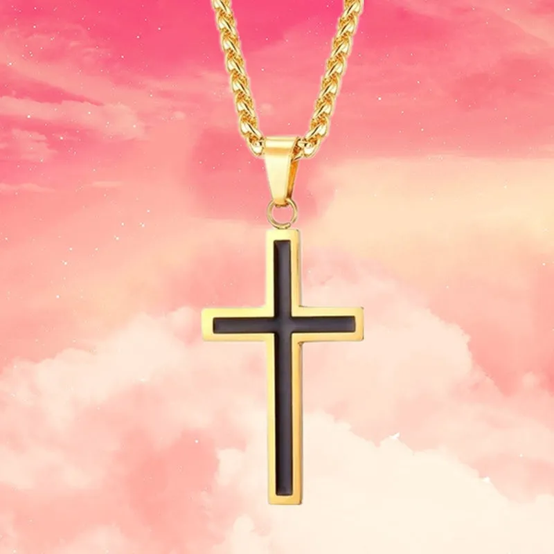 Men's Golden Cross Necklace Silver Retro Pendant