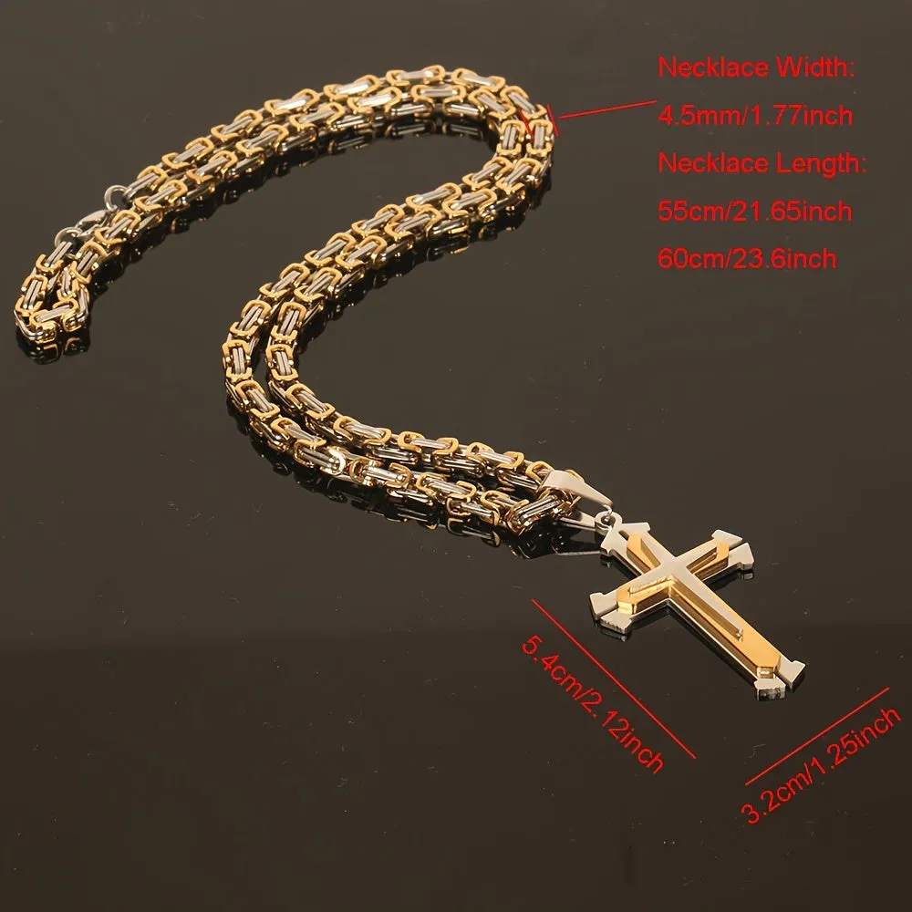 Men's Triple Layer Stainless Steel Cross Pendant Necklace Punk Hip Hop Style