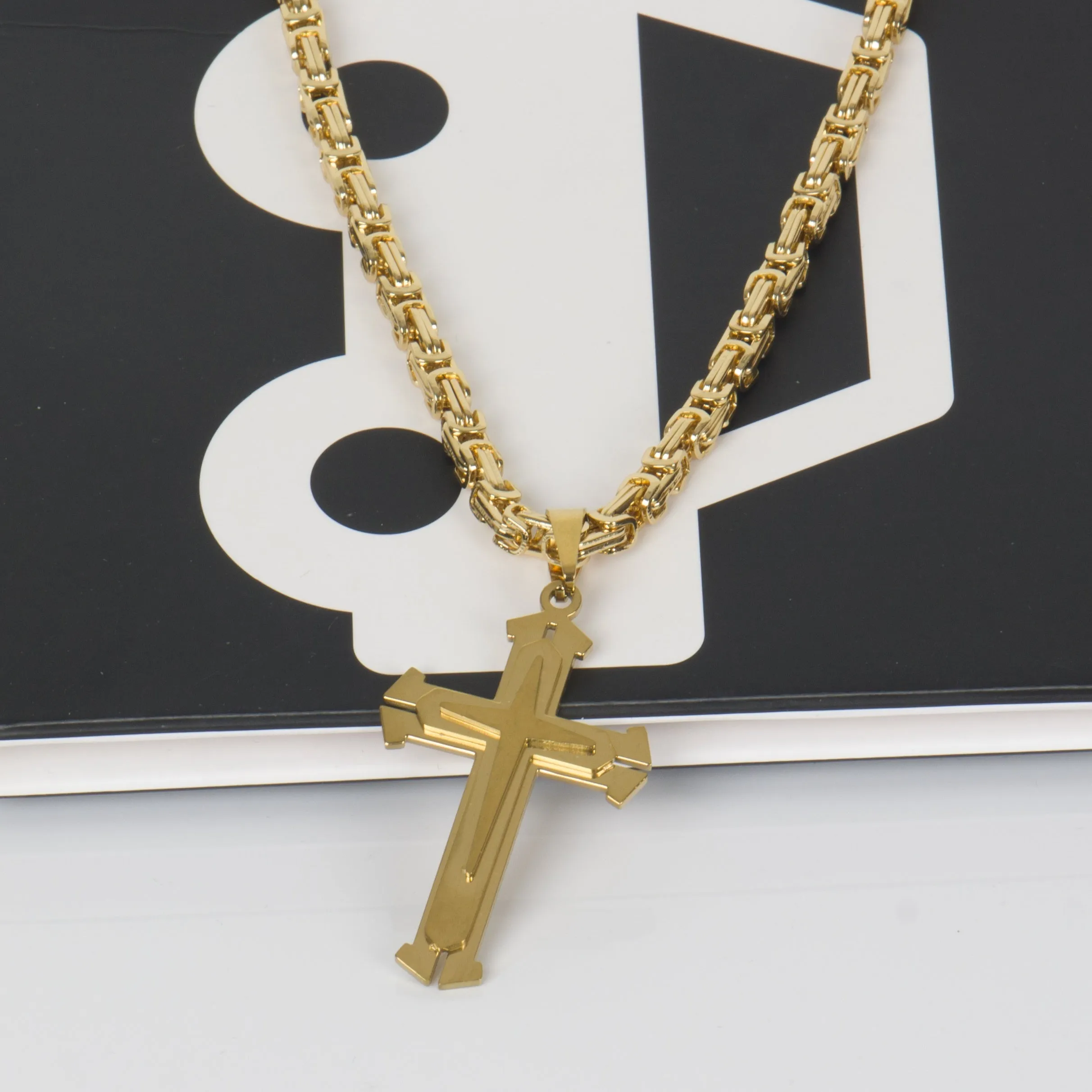 Men's Triple Layer Stainless Steel Cross Pendant Necklace Punk Hip Hop Style