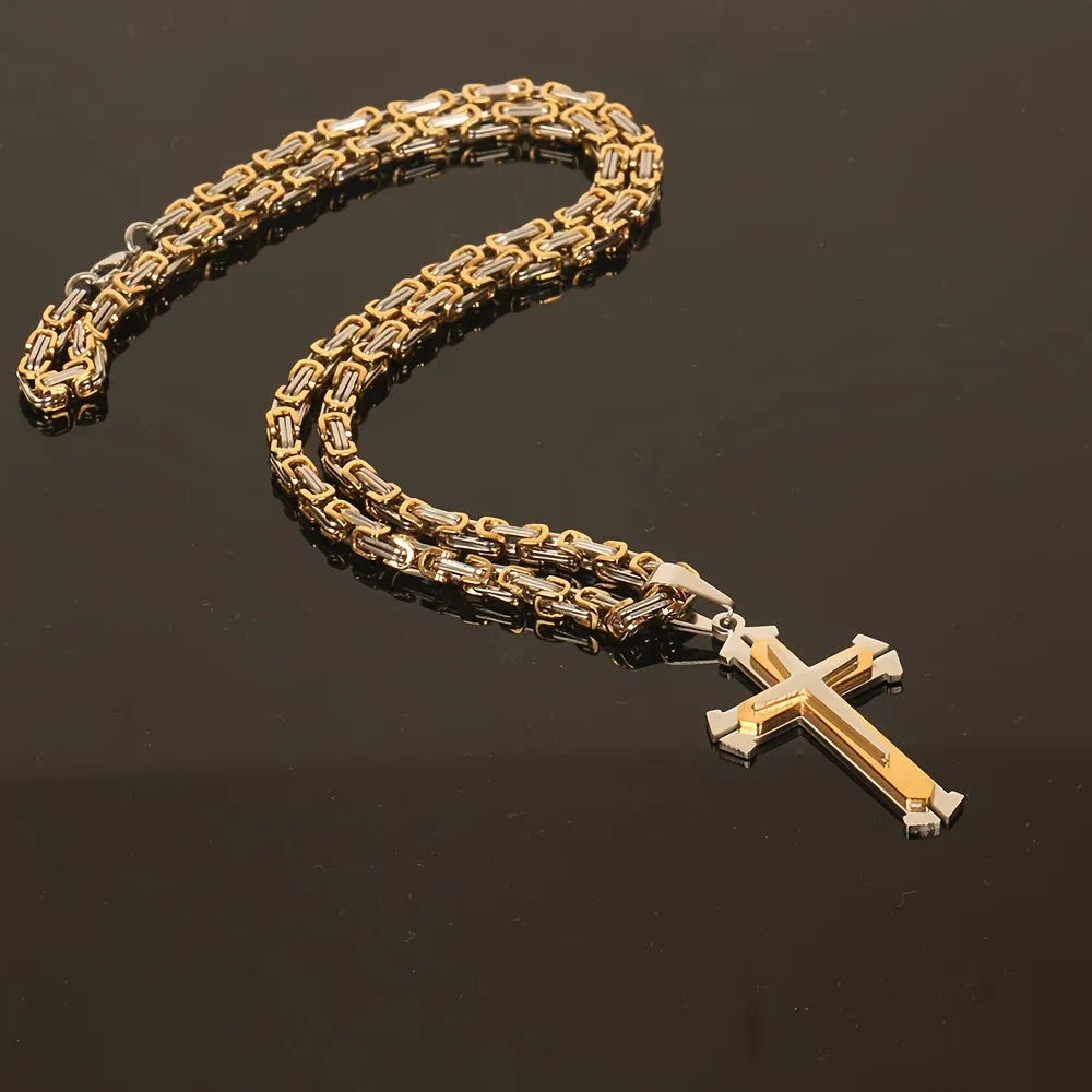 Men's Triple Layer Stainless Steel Cross Pendant Necklace Punk Hip Hop Style