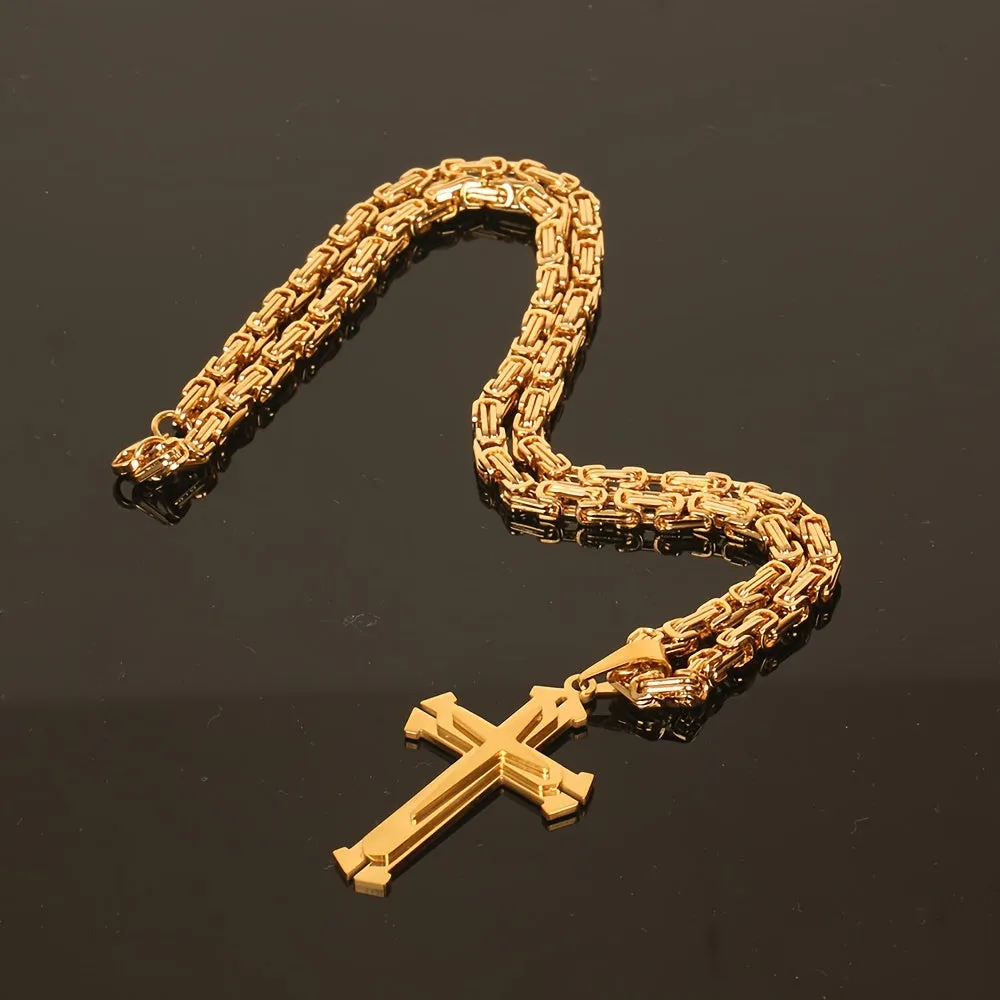 Men's Triple Layer Stainless Steel Cross Pendant Necklace Punk Hip Hop Style