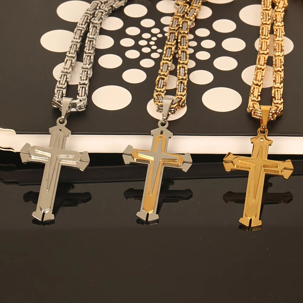 Men's Triple Layer Stainless Steel Cross Pendant Necklace Punk Hip Hop Style