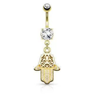 Micro Paved Surgical Steel Hamsa Hand of Fatima Dangle Belly Button Navel Ring