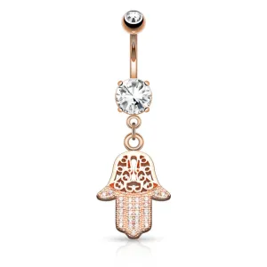 Micro Paved Surgical Steel Hamsa Hand of Fatima Dangle Belly Button Navel Ring