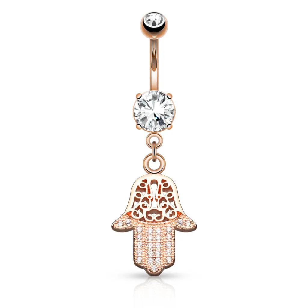 Micro Paved Surgical Steel Hamsa Hand of Fatima Dangle Belly Button Navel Ring