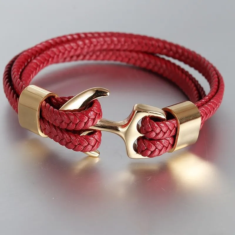 Modern Trend Leather Elegant Bracelet For Men Jewelry Blue Luxury Leather Gold Stainless Steel Anchor Braided Rope Amazing Nautical Style Friendship Bracelet Gift