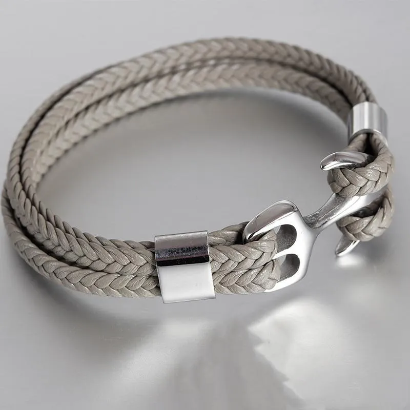 Modern Trend Leather Elegant Bracelet For Men Jewelry Blue Luxury Leather Gold Stainless Steel Anchor Braided Rope Amazing Nautical Style Friendship Bracelet Gift