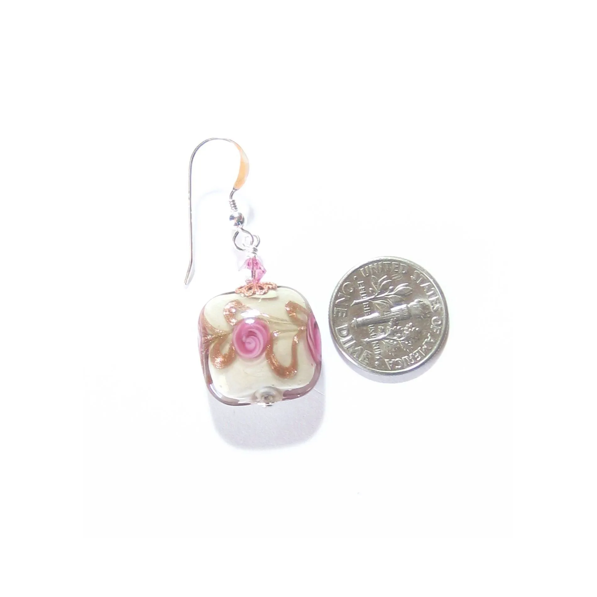 Murano Glass Pink Roses Cream Copper Square Silver Earrings