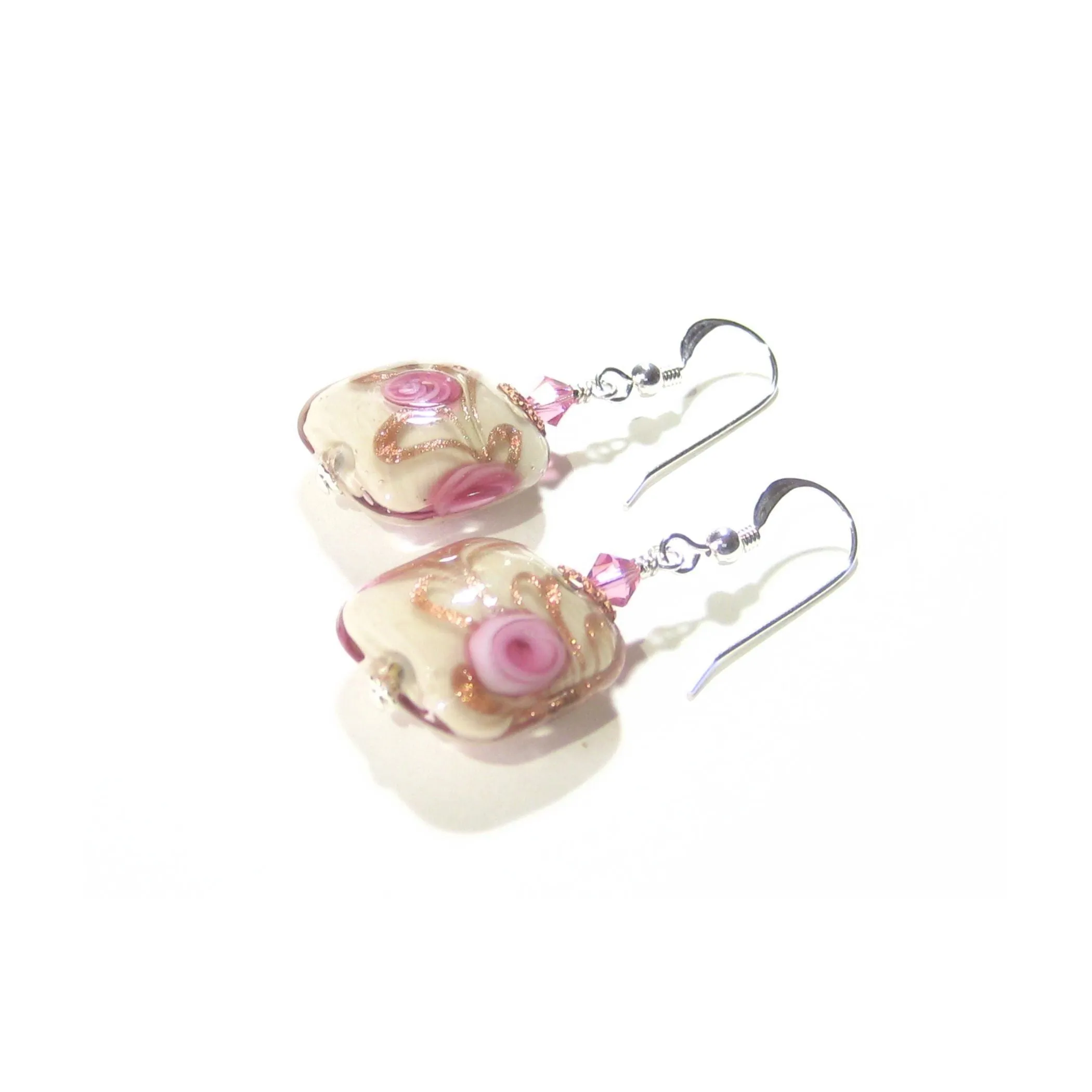 Murano Glass Pink Roses Cream Copper Square Silver Earrings