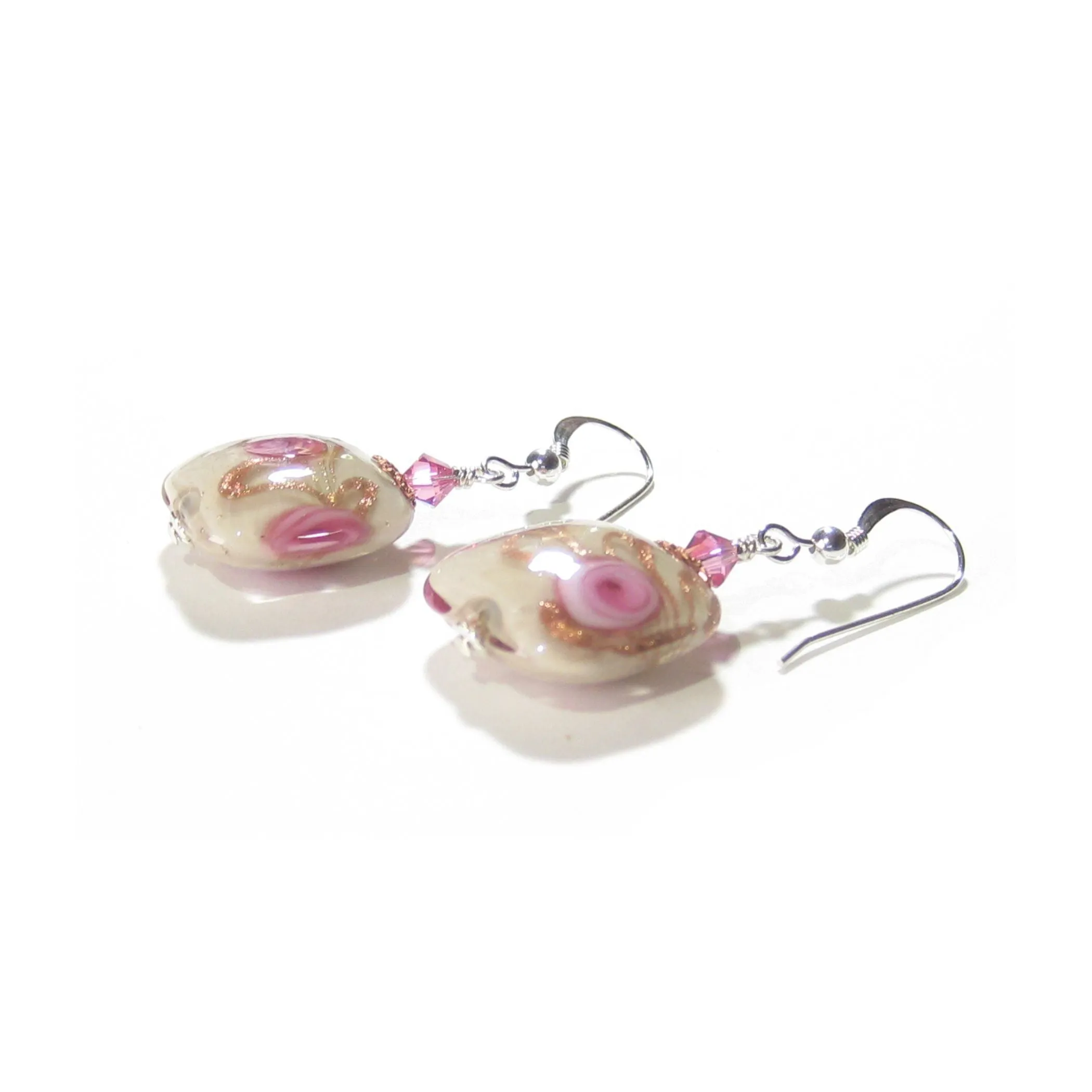 Murano Glass Pink Roses Cream Copper Square Silver Earrings
