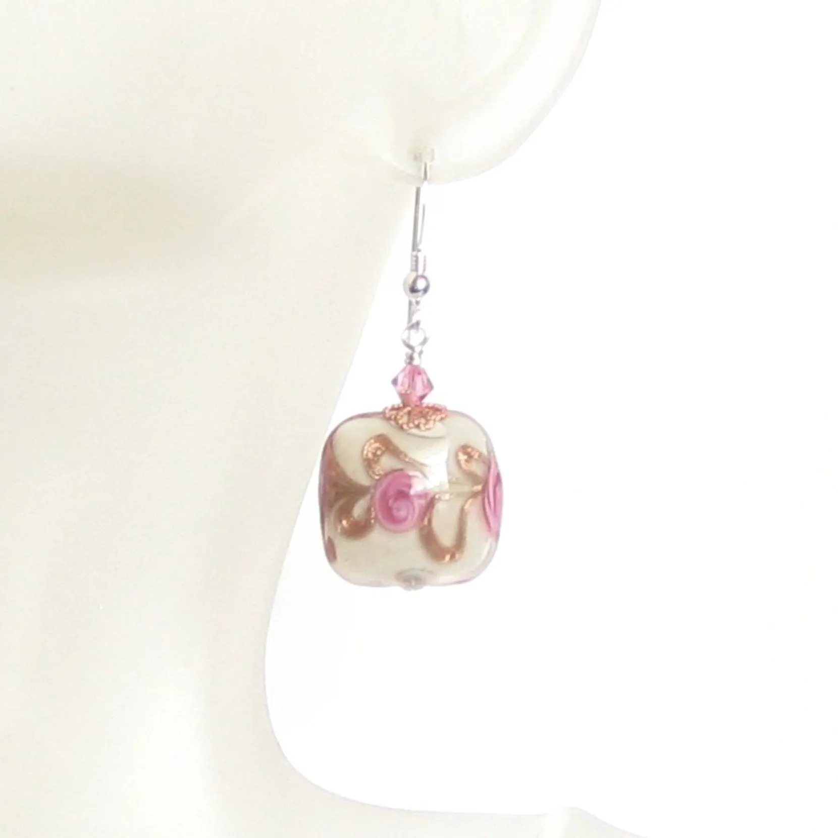 Murano Glass Pink Roses Cream Copper Square Silver Earrings