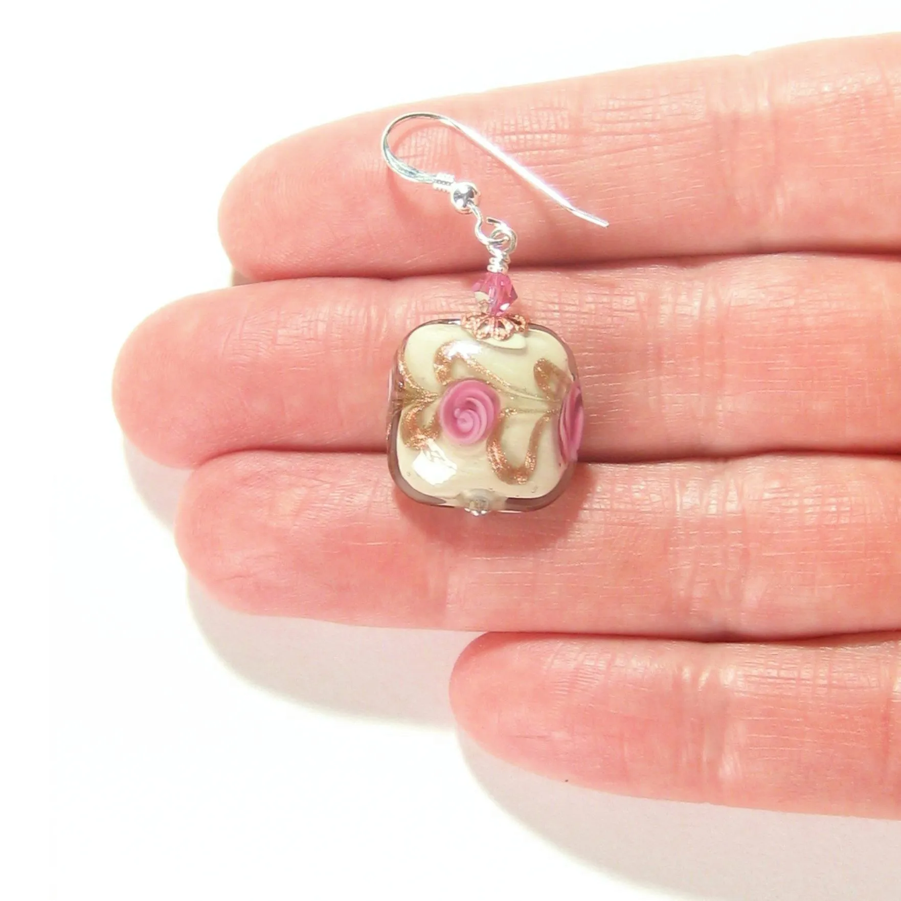 Murano Glass Pink Roses Cream Copper Square Silver Earrings