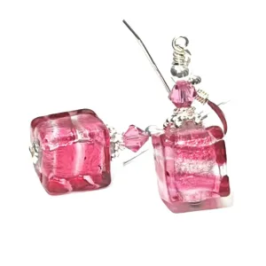 Murano Glass Pink Striped Cube Sterling Silver Earrings