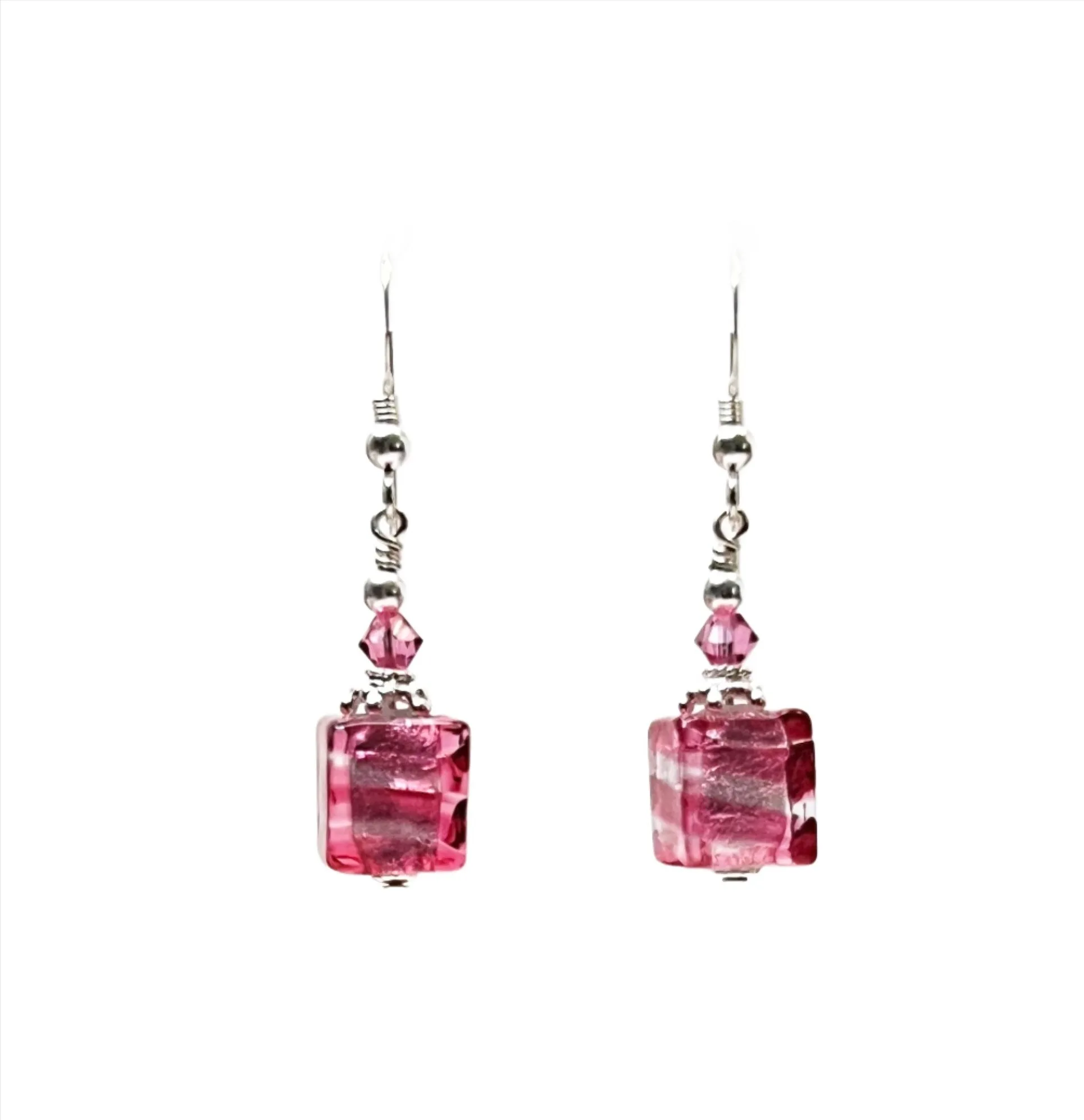 Murano Glass Pink Striped Cube Sterling Silver Earrings
