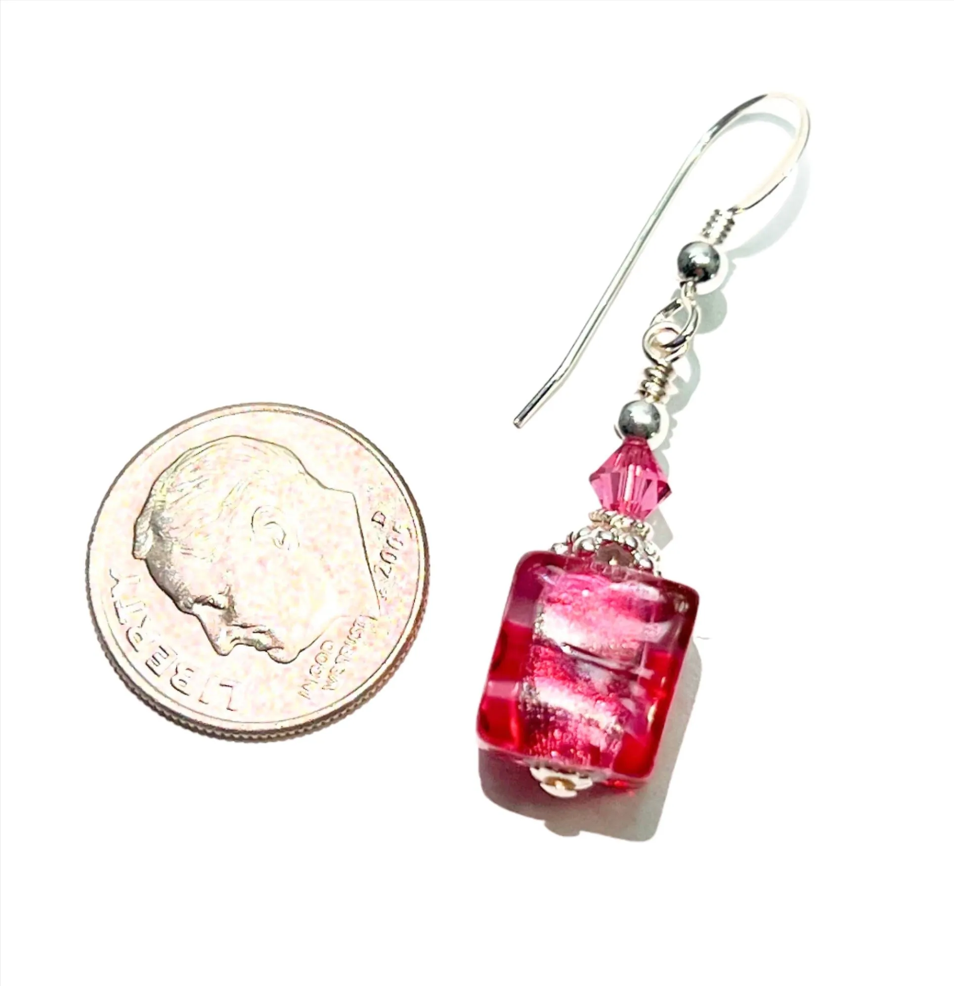 Murano Glass Pink Striped Cube Sterling Silver Earrings