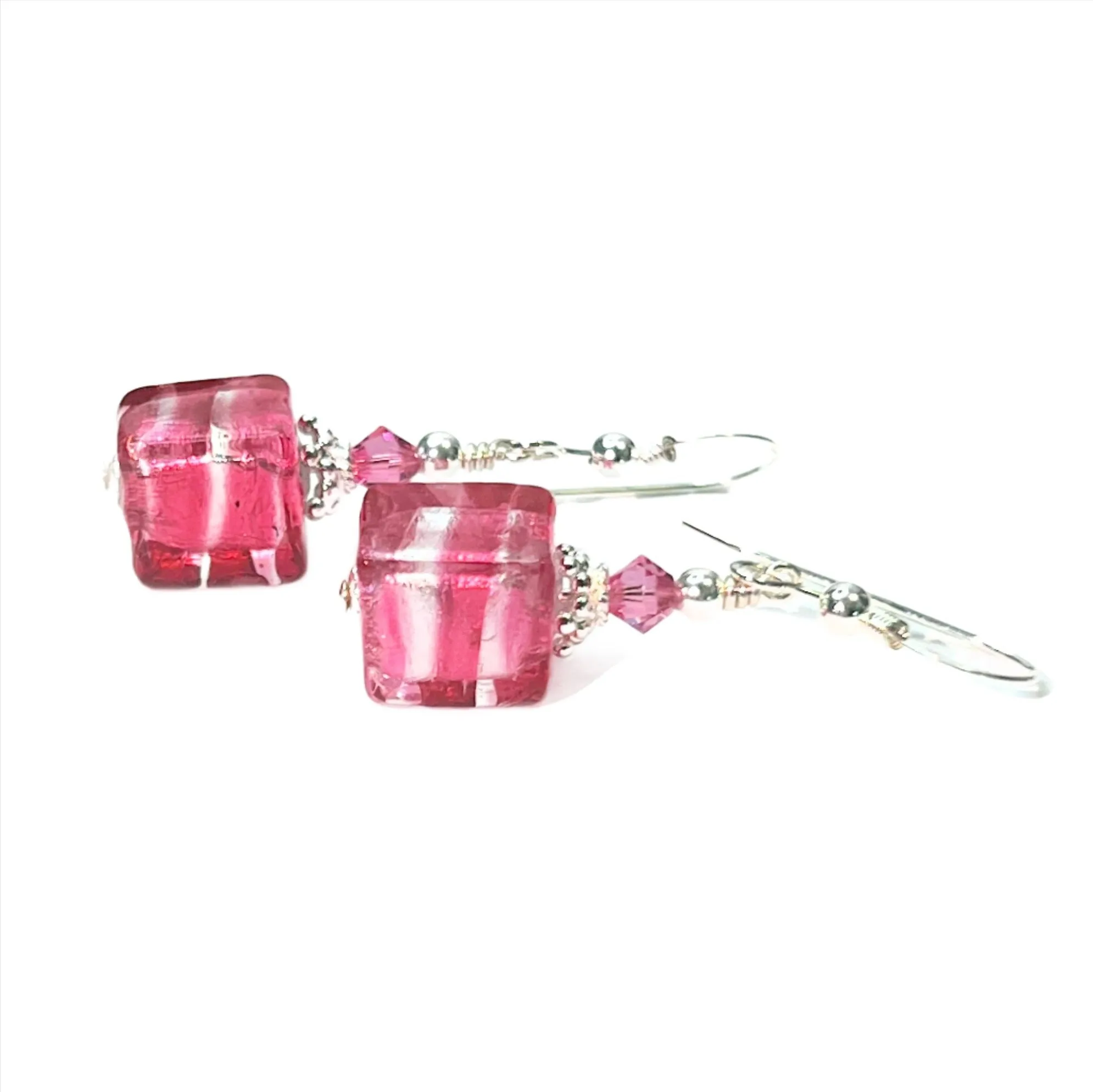 Murano Glass Pink Striped Cube Sterling Silver Earrings