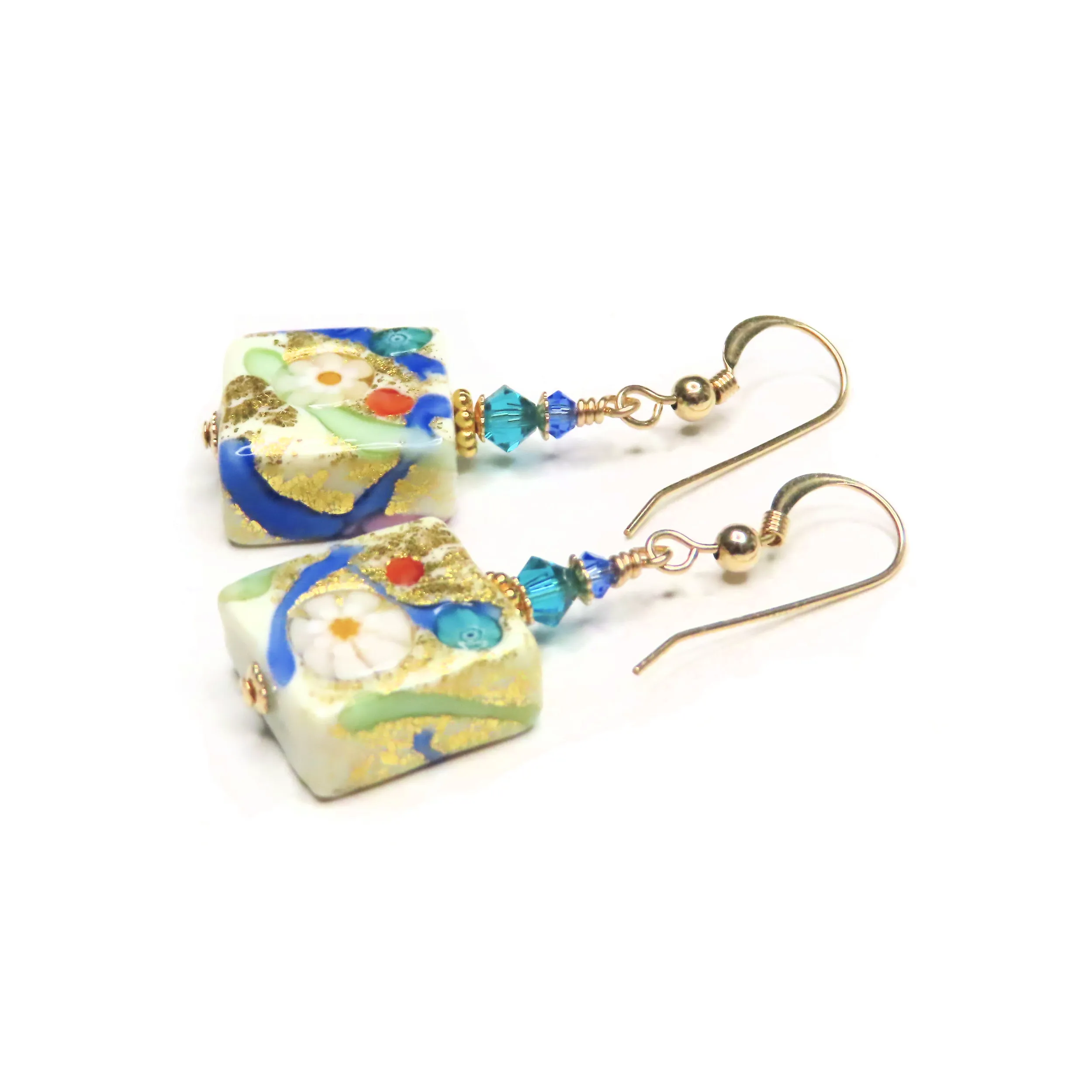 Murano Square Pastel Millefiori Gold Earrings - Handmade Italian Jewelry