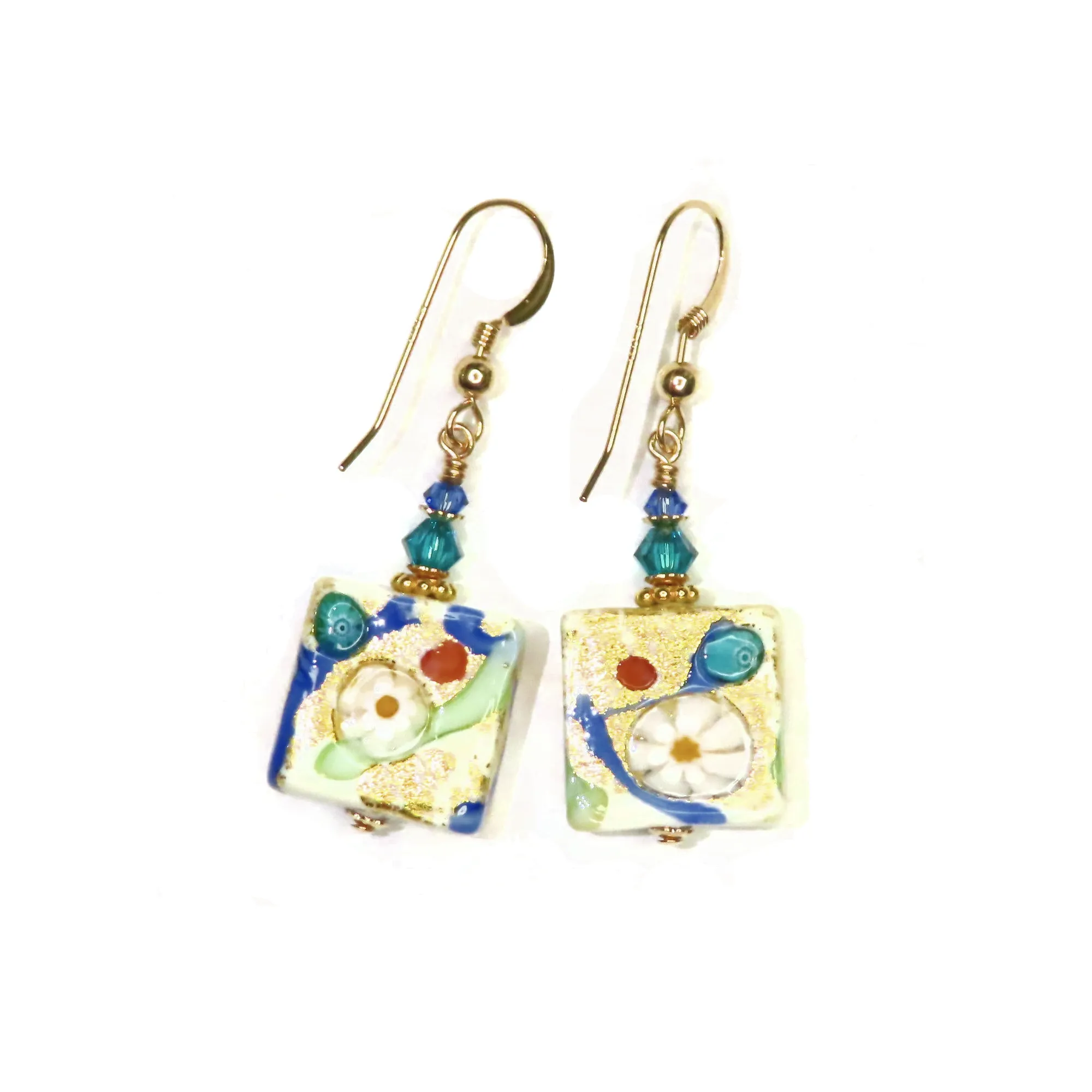 Murano Square Pastel Millefiori Gold Earrings - Handmade Italian Jewelry