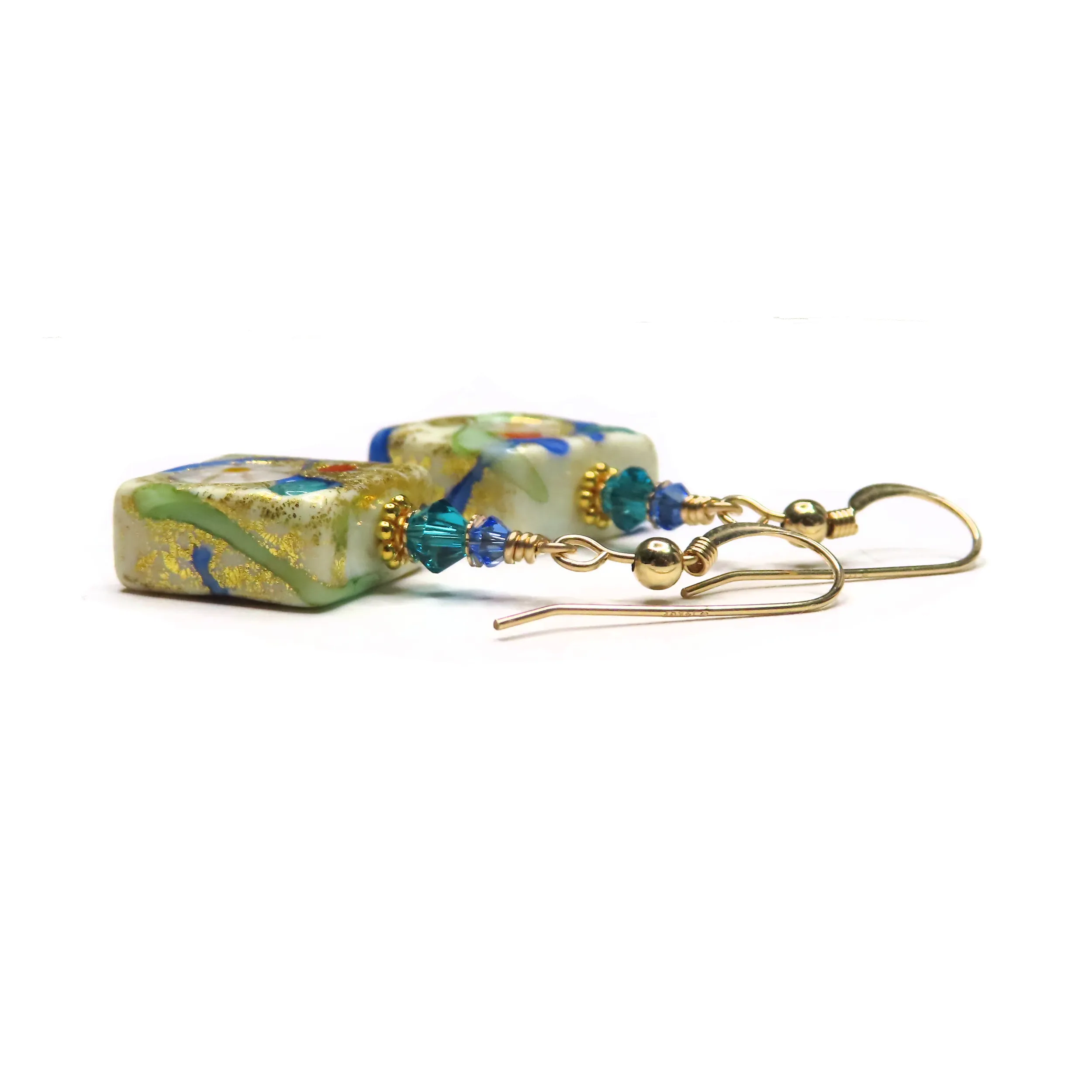 Murano Square Pastel Millefiori Gold Earrings - Handmade Italian Jewelry