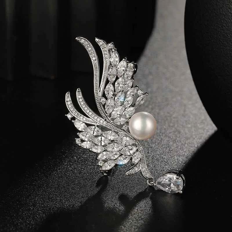 Natural Pearl Zircon Silver Wing Metal Brooch Pin