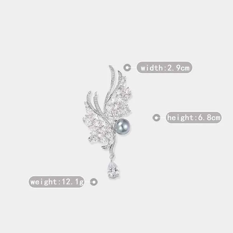 Natural Pearl Zircon Silver Wing Metal Brooch Pin