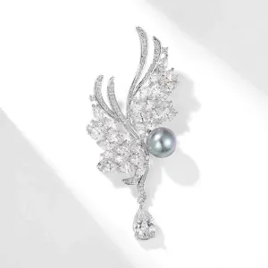 Natural Pearl Zircon Silver Wing Metal Brooch Pin