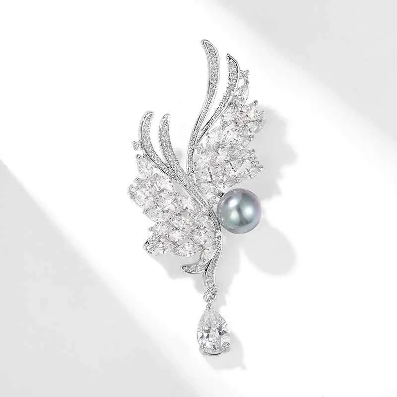 Natural Pearl Zircon Silver Wing Metal Brooch Pin