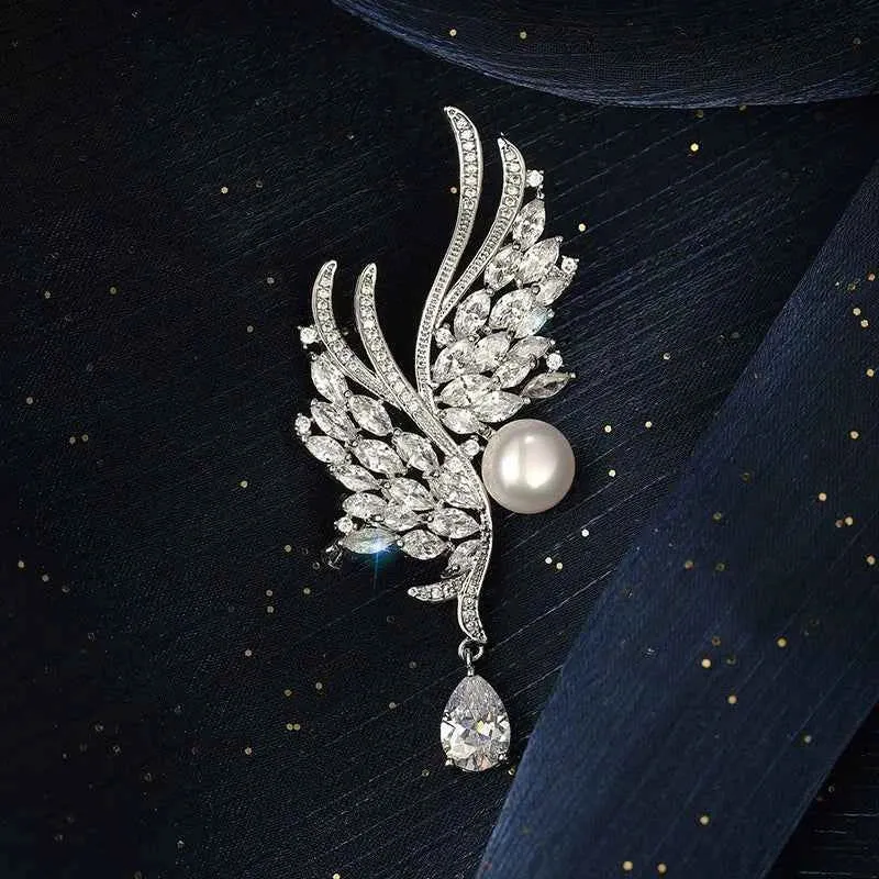 Natural Pearl Zircon Silver Wing Metal Brooch Pin