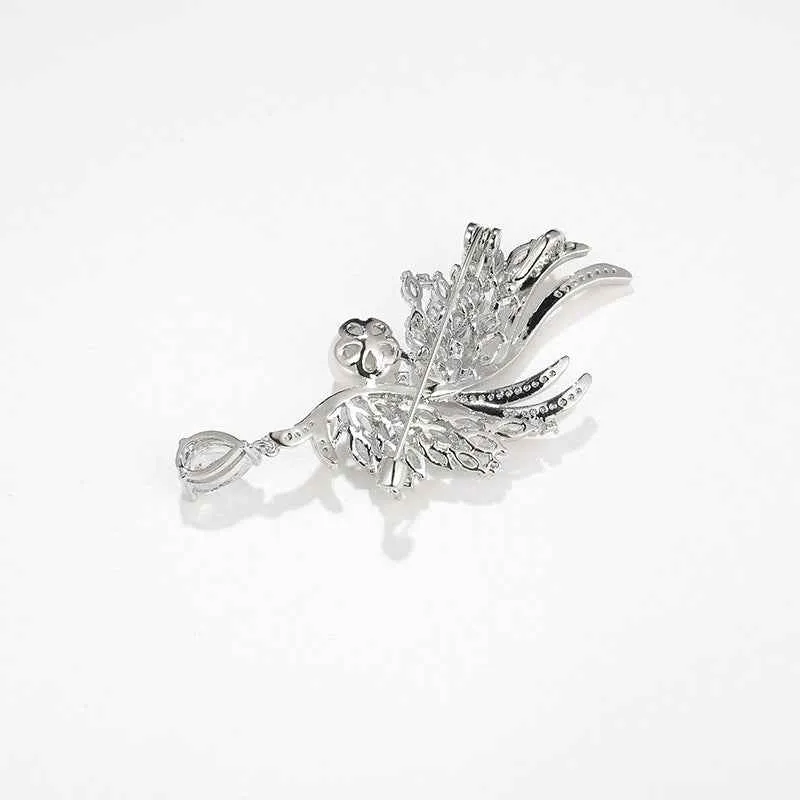 Natural Pearl Zircon Silver Wing Metal Brooch Pin