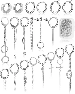 New ONESING 20 Pcs Men Earrings Dangle Earrings for Men Stainless Steel Hoop Earrings for Men & Women