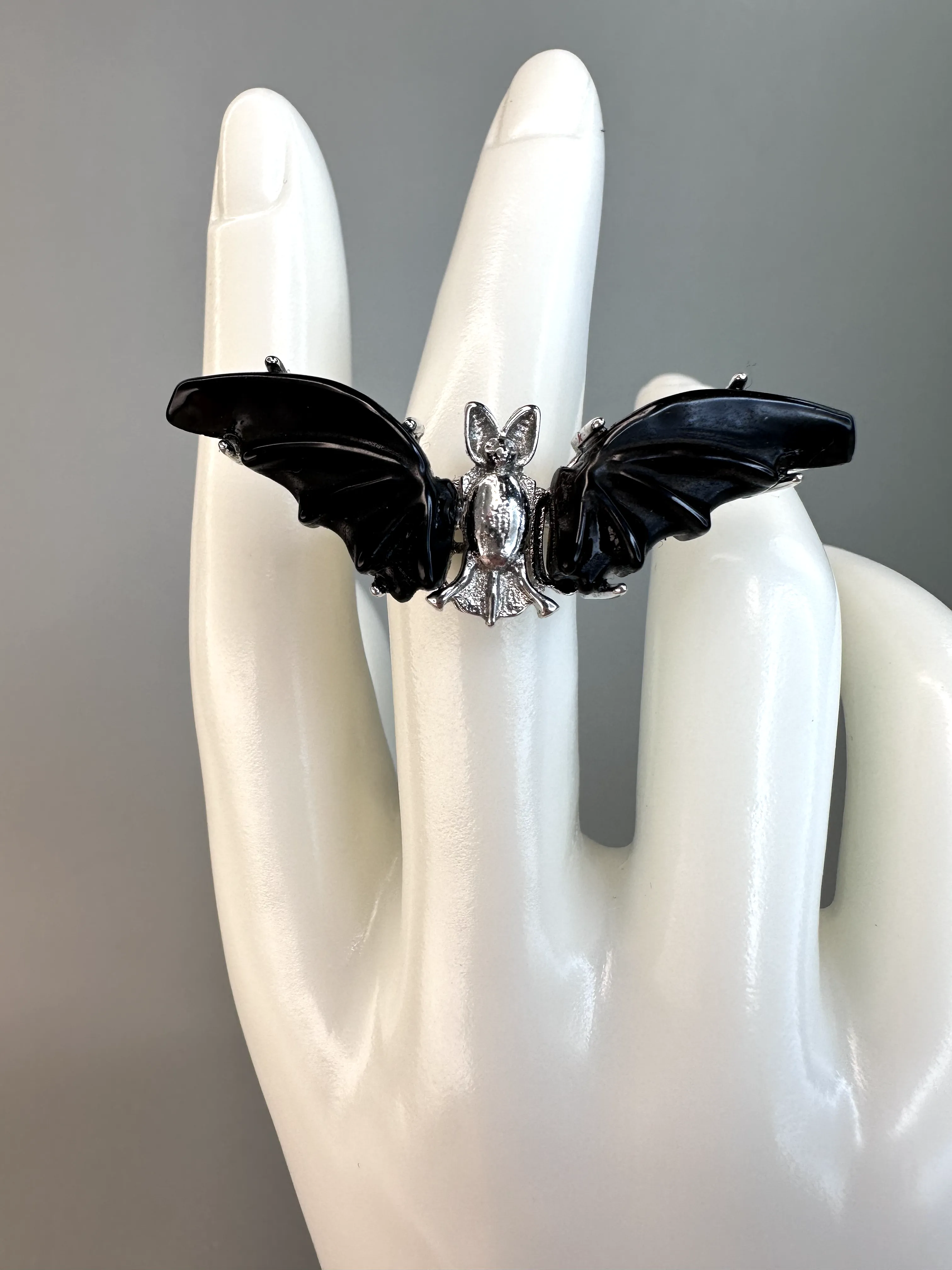 Obsidian Bat Ring  | Adjustable | Silver Plated