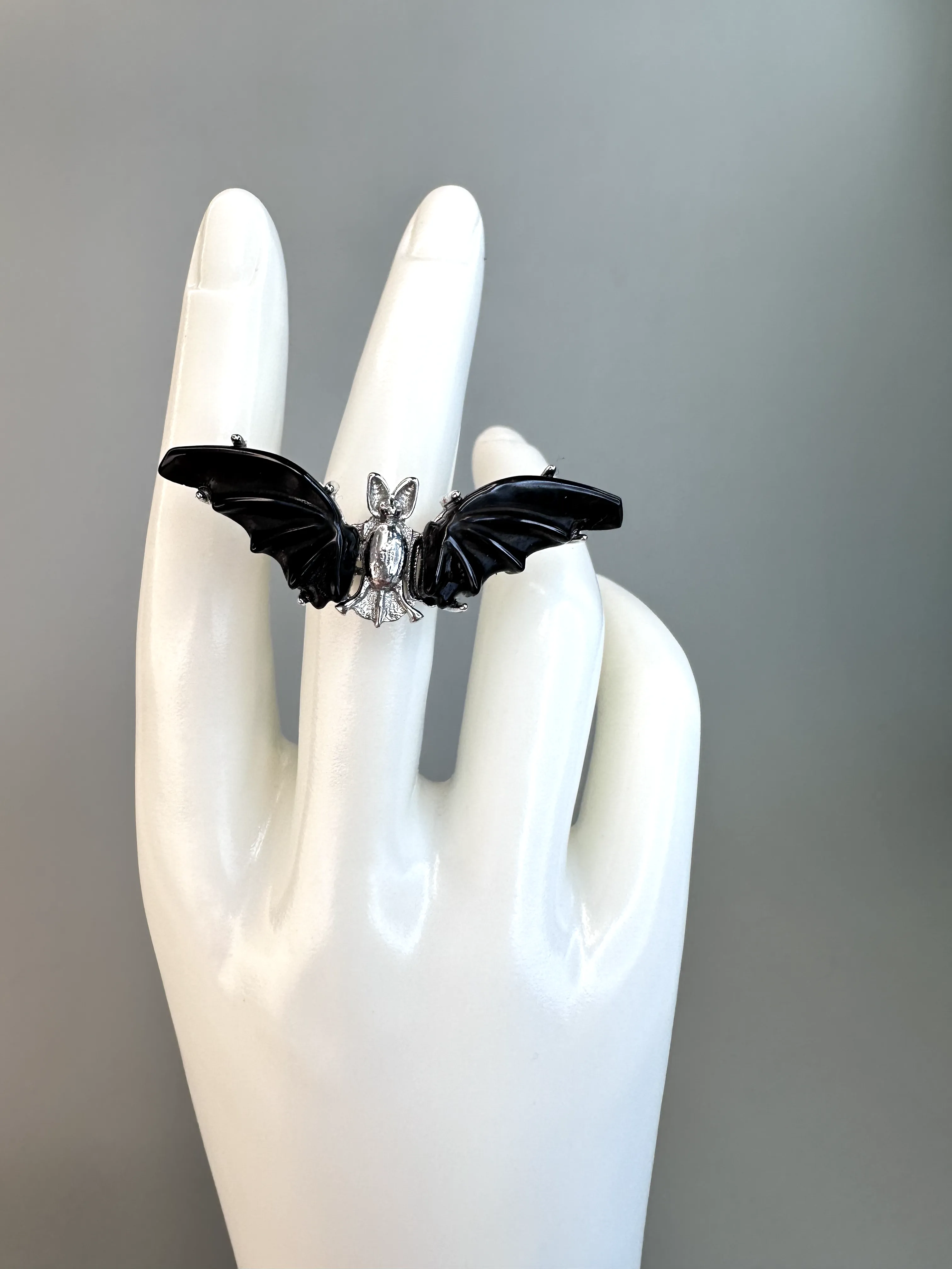 Obsidian Bat Ring  | Adjustable | Silver Plated