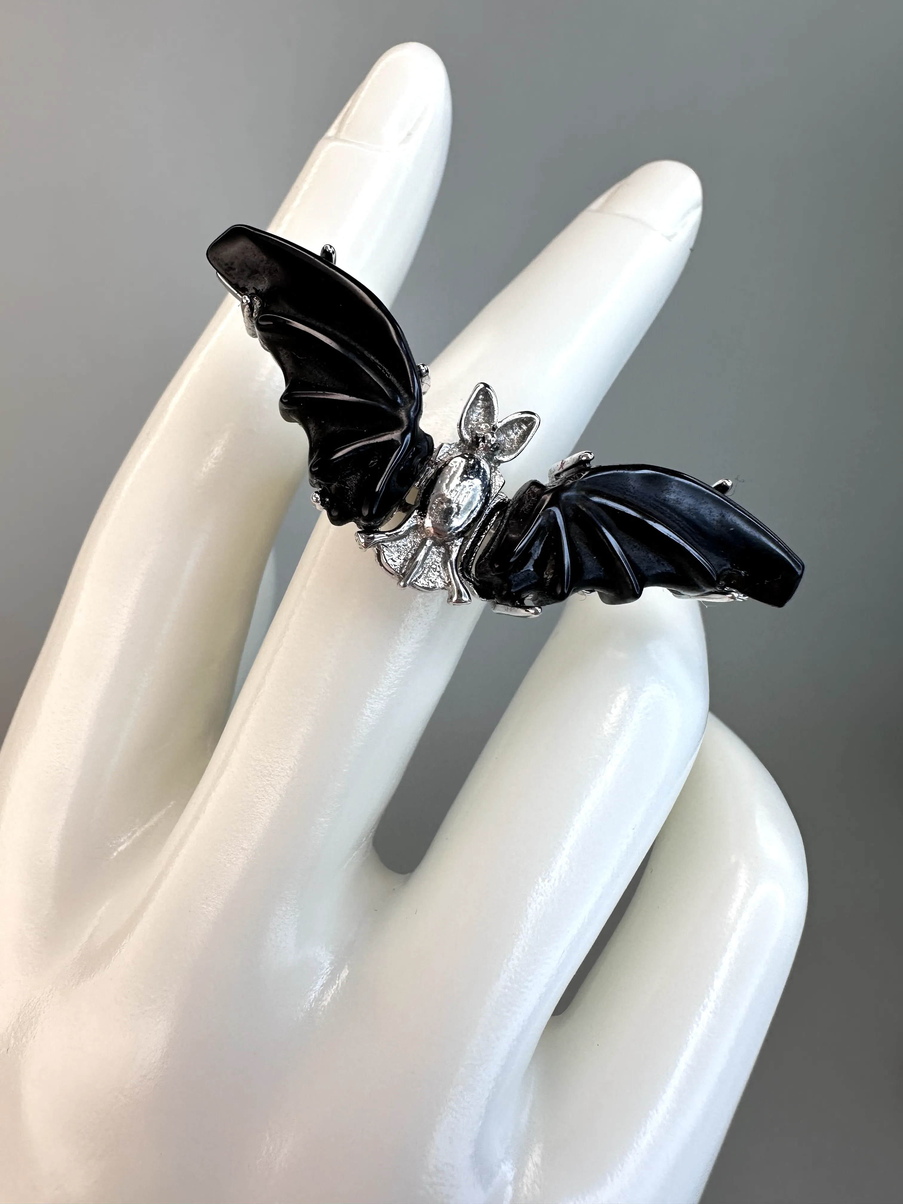 Obsidian Bat Ring  | Adjustable | Silver Plated