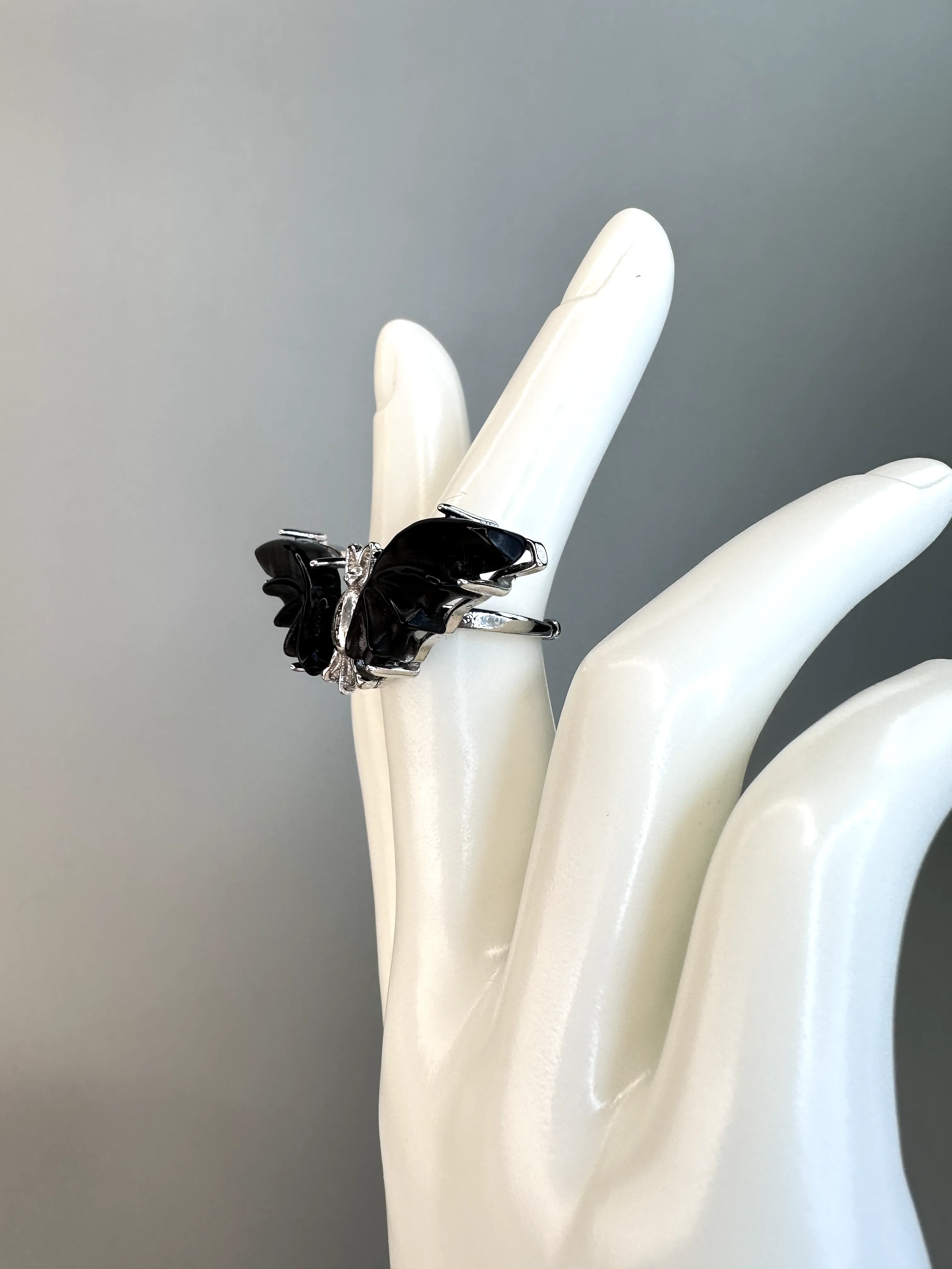 Obsidian Bat Ring  | Adjustable | Silver Plated