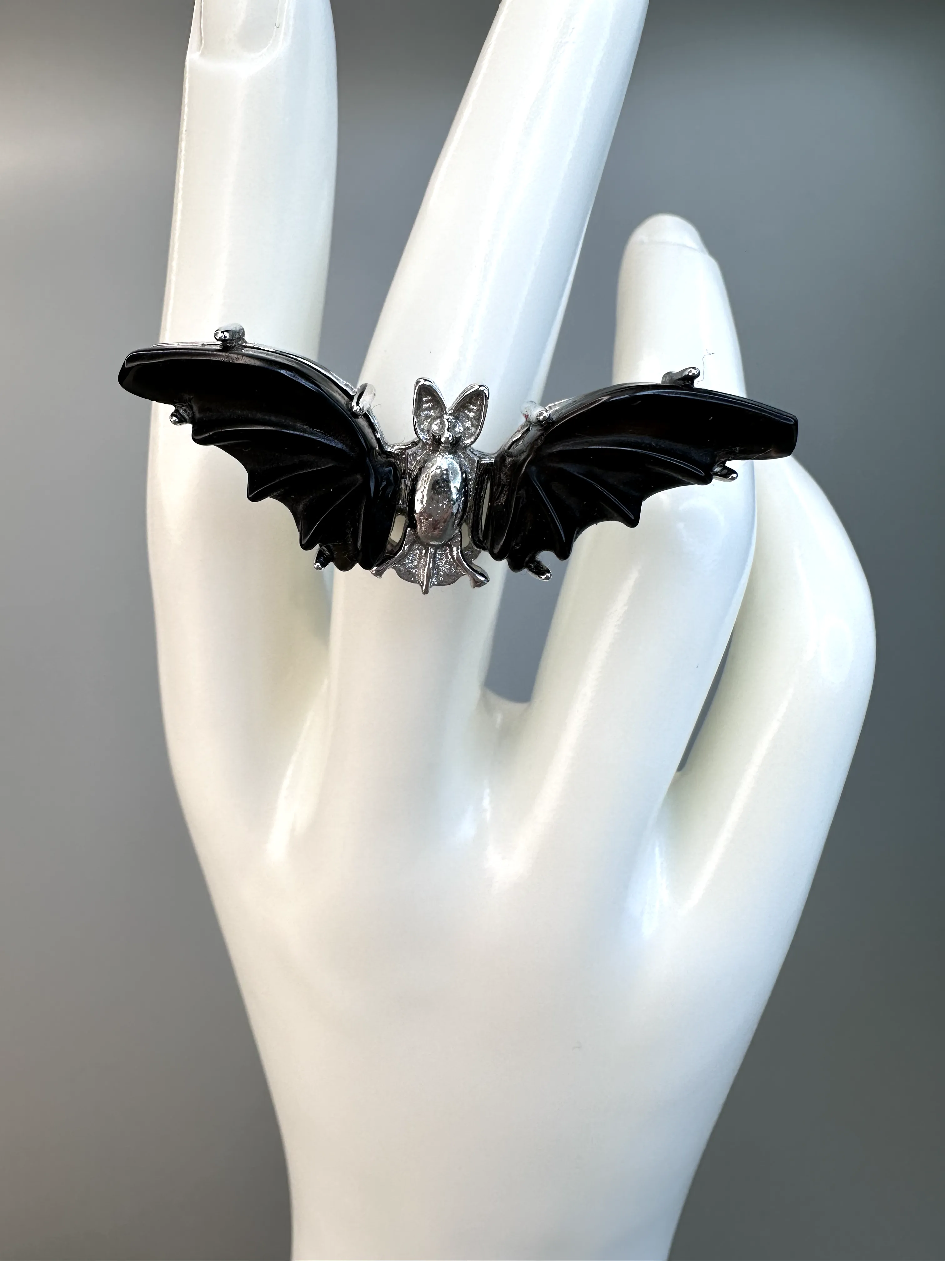 Obsidian Bat Ring  | Adjustable | Silver Plated