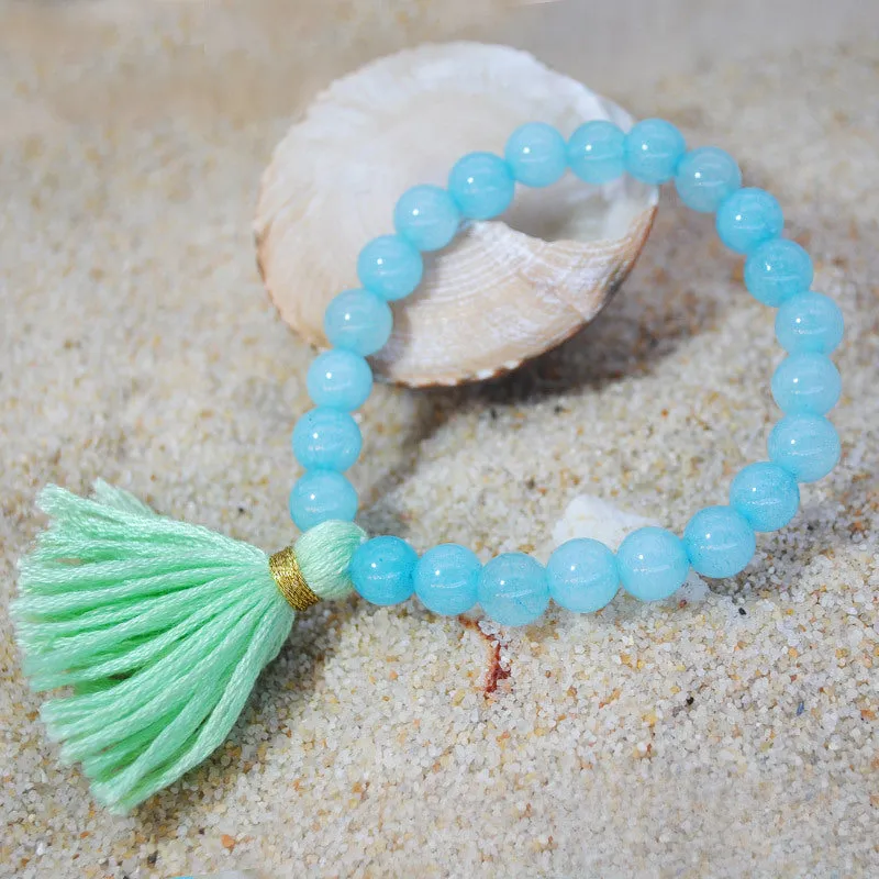 Original Design Color Natural Stone Bracelet Cotton Line Tassel Beach Sand Wind Elastic Rope Bracelet