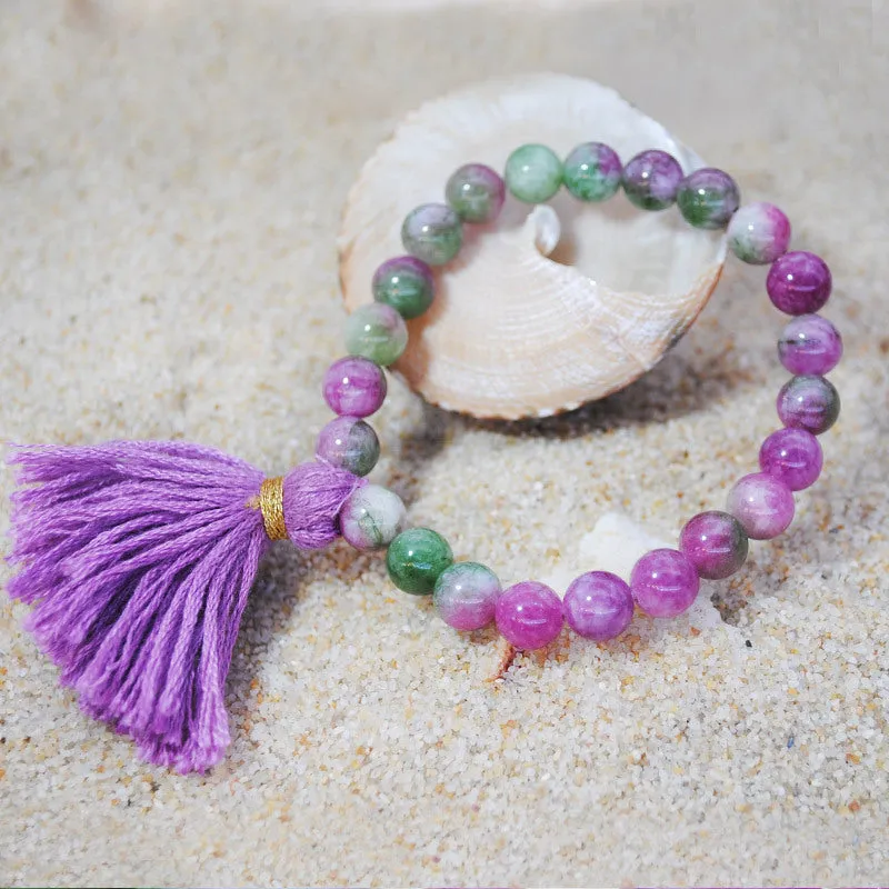 Original Design Color Natural Stone Bracelet Cotton Line Tassel Beach Sand Wind Elastic Rope Bracelet