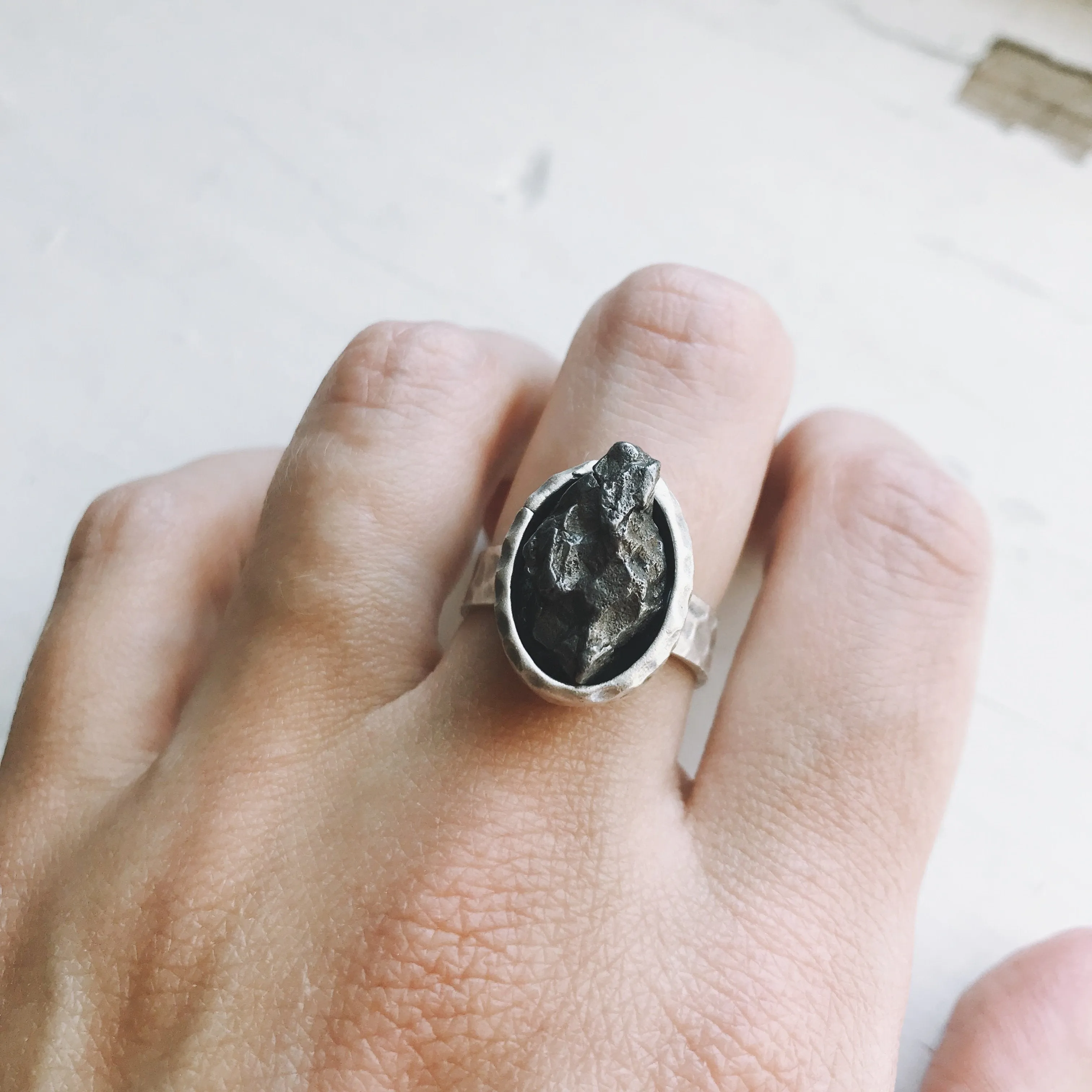 Oval Raw Meteorite Ring in Silver